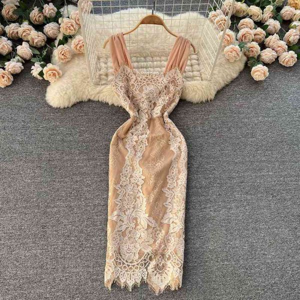 

casual dresses french embroidery stitching lace dress medium length style temperament light familiar suspender irregular skirt women's, Black;gray