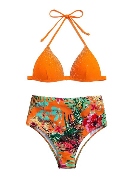 

t.ropical print p.ush u.p h.igh waisted b.ikini swimsuit u3uj#, White;black