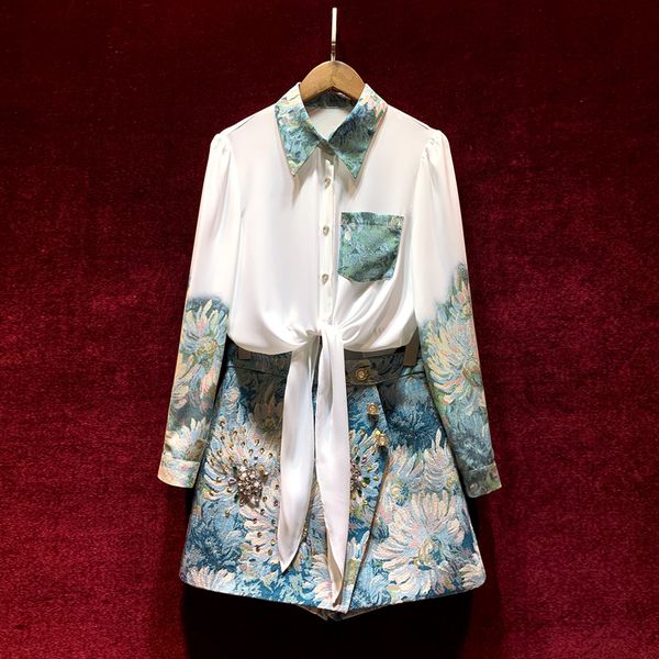 

european and american women's wear spring 2022 new printed shirt long sleeves and lapels beaded jacquard shorts fashion suits, White