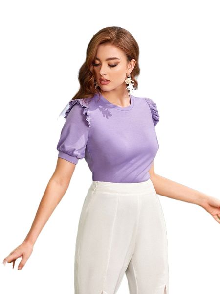 

eyelet embroidery ruffle trim solid tee b2nk#, White