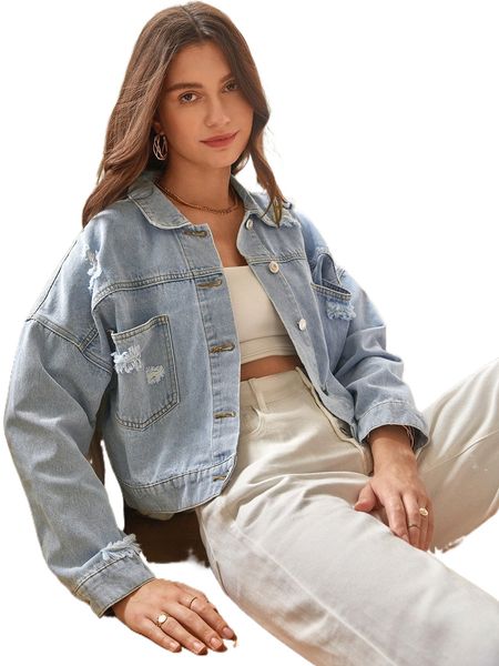 

frenchy rhinestone fringe trim ripped drop shoulder denim jacket l1es#, Black;brown