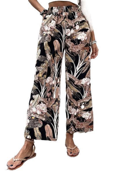 

leaf & floral print wide leg pants v45j#, Black;white