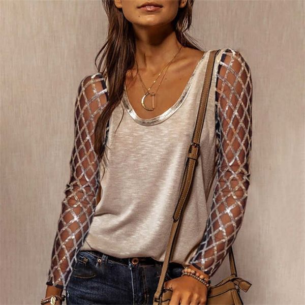 

women fashion casual tshirts long sleeve tee tee-shirt sequins mesh sleeve casual t-shirt 210716, White