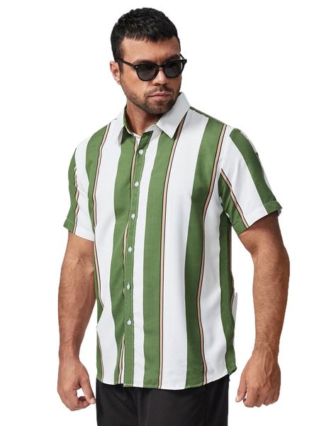 

extended sizes men striped button up shirt h3bi#, White;black