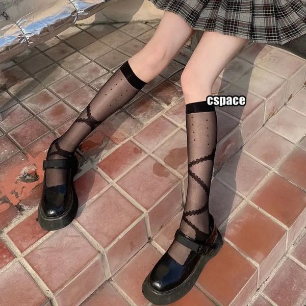 

girly heart bow soft sister calf socks sweet through meat summer piece, Black;white