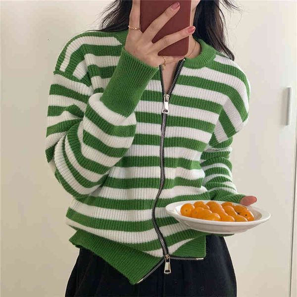 

women's polos early autumn contrast striped knitted cardigan women's loose double zipper sweater coat in and winter pprk, White