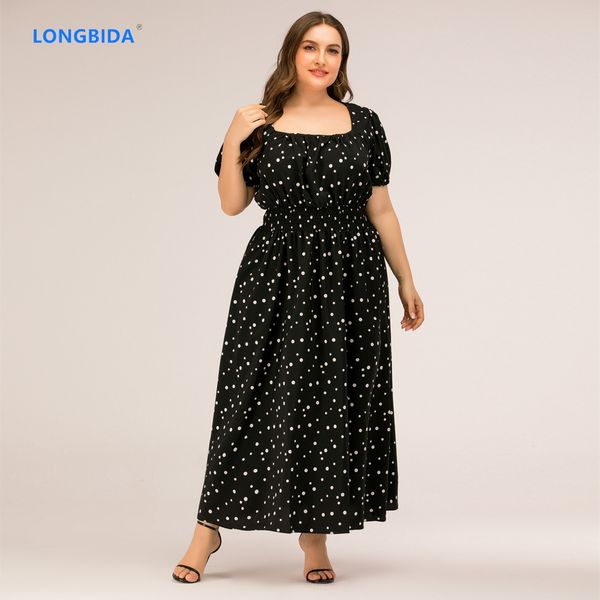 

women's plus size dresses summer boho polka dot short sleeves square neck swing midi dress, Black