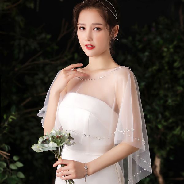 

pearls wedding wraps sheer bolero jackets tulle bridal shawl, White