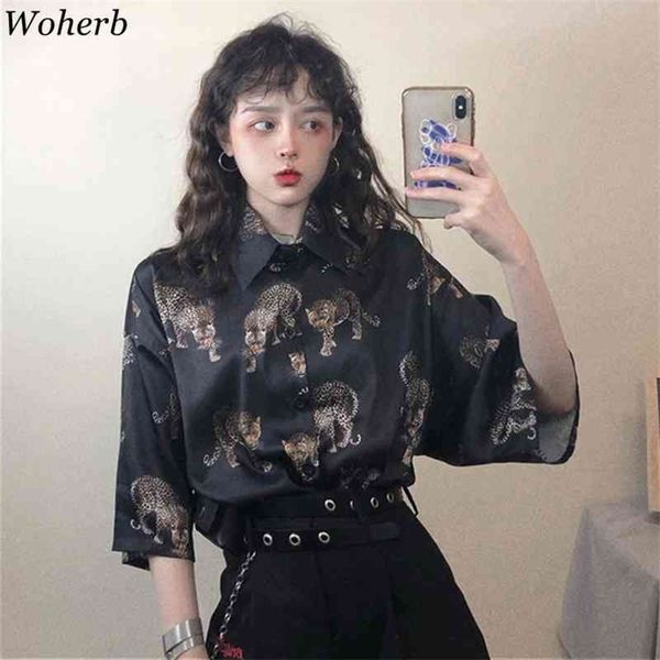 Woherb Vintage Leopar Bluz Kadınlar Harajuku Hayvan Baskı Gömlek Yaz bayanlar gevşek Blusa Street Giyim Camisas Mujer 21976 210326