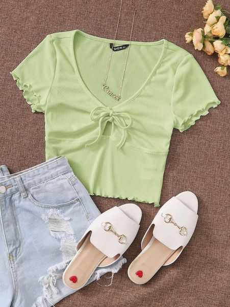 

lettuce trim tie front rib-knit peekaboo y2j4#, White
