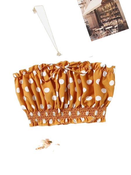 

polka dot shirred frilled tie front tube s4jl#, White