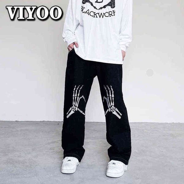 

skeleton embroidery printed gothic trend fashion goth hip hop s-3xl y2k streetwear black baggy jeans straight trousers jeans man t220726, Blue