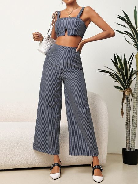 

striped crop cami & wide leg pants k45q#, White