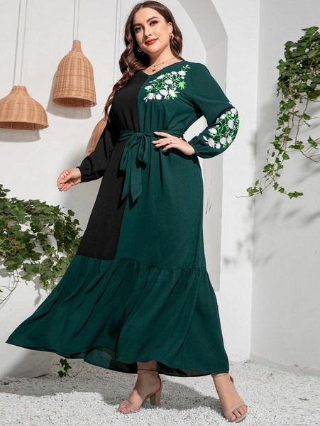

plus two tone floral embroidery lantern sleeve ruffle hem belted dress y22s#, Black