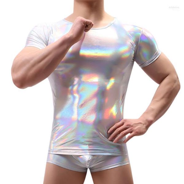 T-shirt da uomo e moda estate sexy camicetta in pelle a maniche corte dipinta a colori brillanti casual Mild22