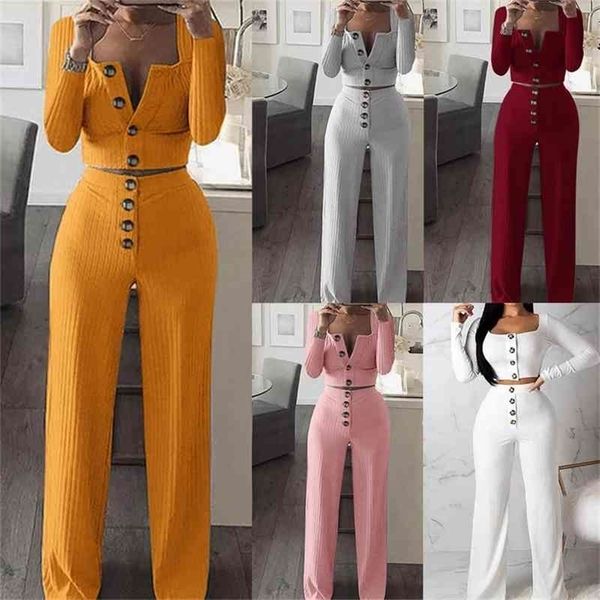 

fashion white two pieces set women knitted tracksuit sleeveless strapless crop pants and 2 pieces sets women outfits 210331, Gray