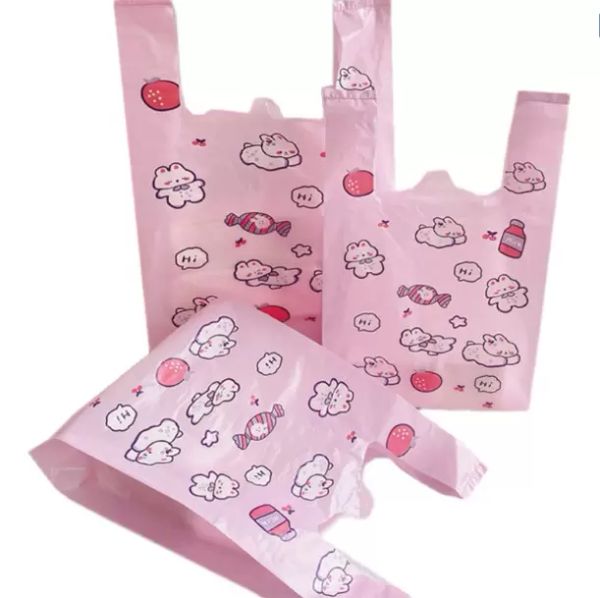 Bolsas de colete rosa compras embalagens de bolsas de mão com adorável doce e coelho para lanches de sushi bolos assados