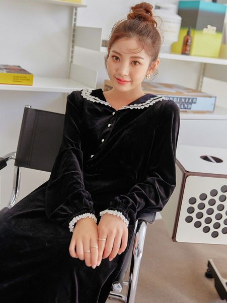 

dazy lace trimed button front velvet dress x4ha#, Black;gray