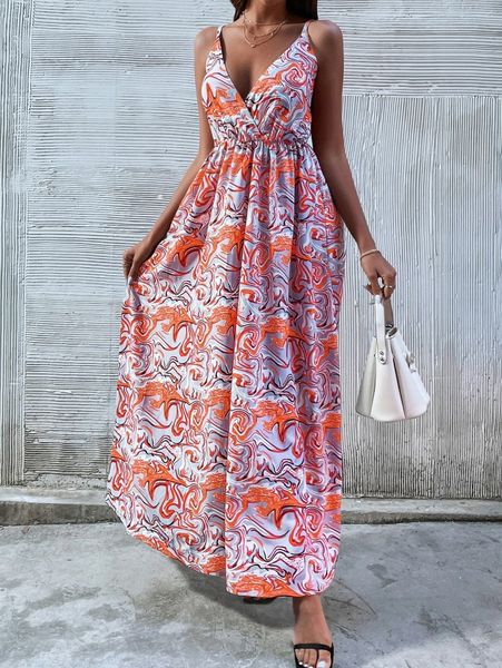 

allover print maxi cami dress j32m#, Black;gray