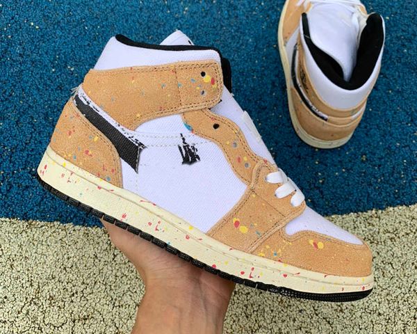 

jumpman 1 mid se brushstroke basketball shoes 1s black white wheat men women trainers sneakers sports ship with box