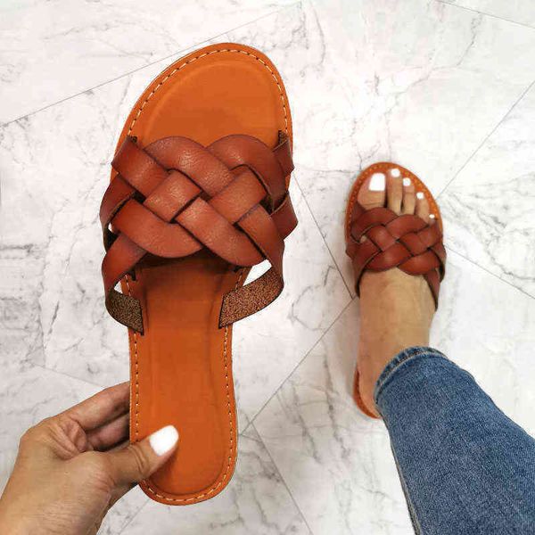 

slippers leather summer shoes woman retro thin straps open toe plus size flat for ladies breathable hollow women slides 220530, Black