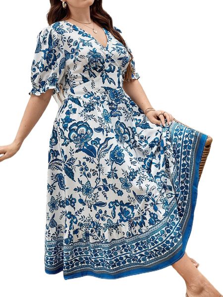 

plus floral print puff sleeve ruffle hem dress m5lh#, Black