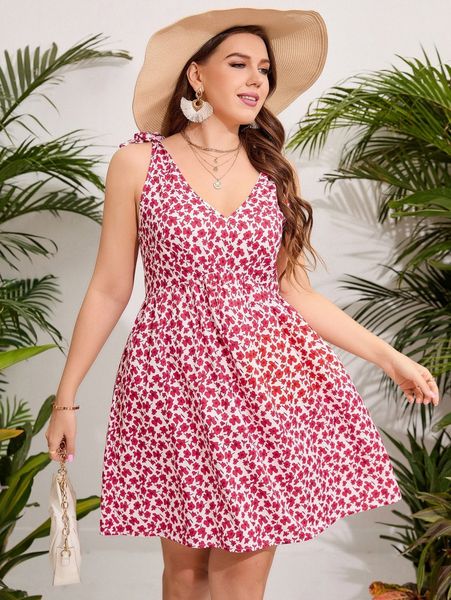 

plus ditsy floral tie shoulder dress v2tn#, Black