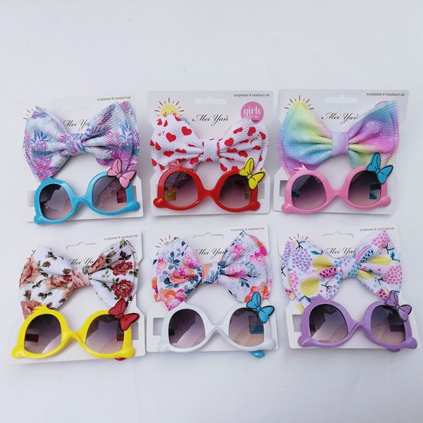 

new 2pcs/lot children baby girls sunglasses hair band set anti-uv cartoon glasses knot bow headband p props gifts, Slivery;white