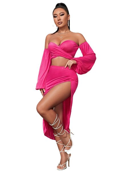 

sxy off shoulder tie back crop & split thigh skirt s4xw#, White