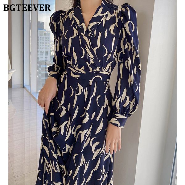 

elegant lapel women printed dress long sleeve slim waist female a-line dress 2022 spring summer ladies vestidos, Black;gray
