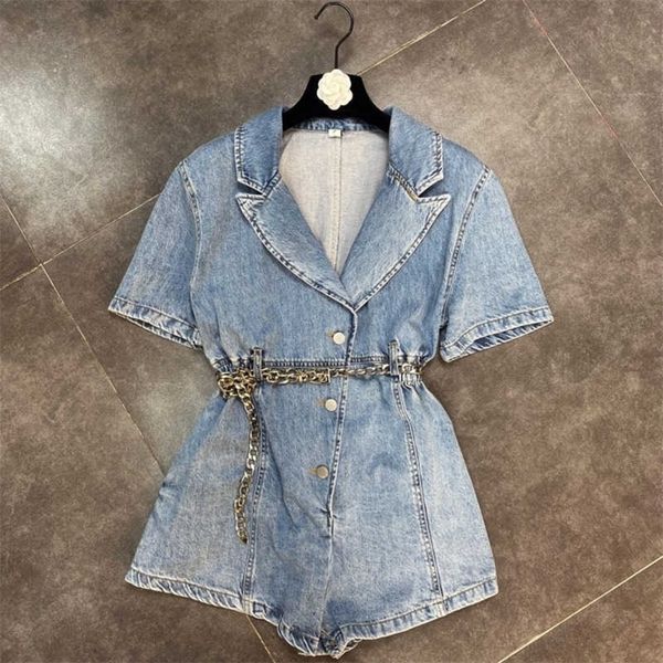 

fabpop short sleeve turn down collar single breasted buttons high waist blue denim playsuits romper metal chain belt gb462 210709, Black;white