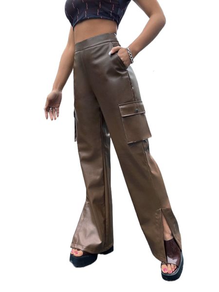 

flap pocket split pu pants a3jx#, Black;white