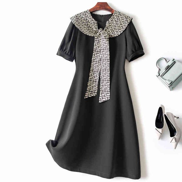 

casual dresses french boutique mall standard cutting order tail price summer round neck splicing woven dress women, Black;gray
