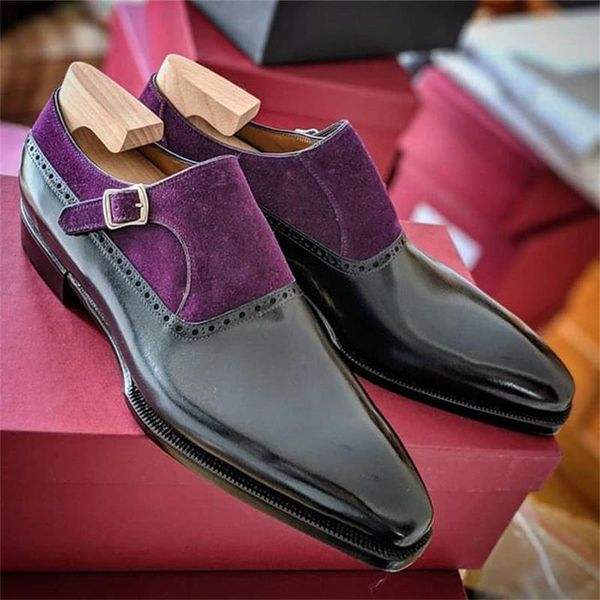 

monk shoes men pu colorblock fashion business casual wedding daily classic faux suede stitching buckle dress shoes cp082, Black