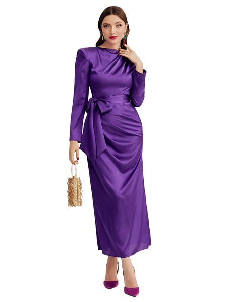 

solid belted satin dress 00i9#, Black;gray