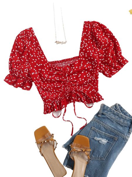 

plus sweetheart heart allover print drawstring hem crop d6zt#, Black