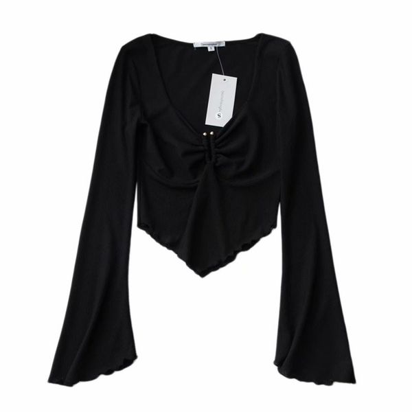 

summer retro threaded trumpet sleeves micro-beam corset v-neck t-shirt women, fungus pleated short women 220408, White