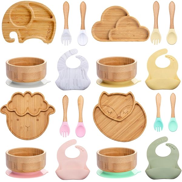 5pcs Wood Tableware Plate Bowl Bowl Baby Feeding Spoon Fork for Kids Bamboo Prishes Bib Conjuntos 220708