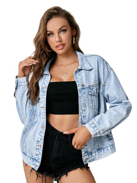 

drop shoulder ripped denim coat o6xb#, Black;brown
