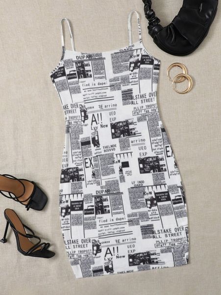 

plus newspaper print cami bodycon dress x0jc#, Black