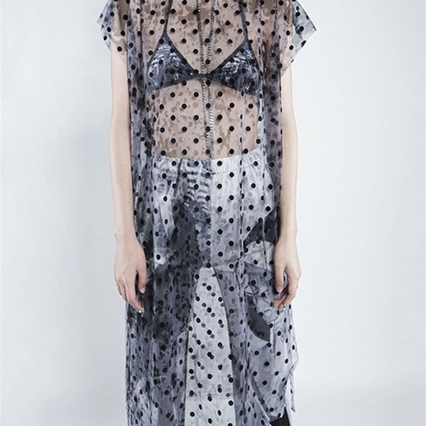 

[eam] women gray perspective flocking long tie dye dot t-shirt round neck short sleeve fashion spring summer 220516, White