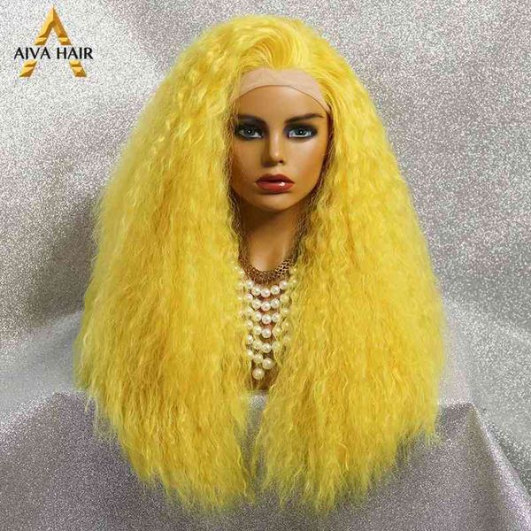 

yellow kinky curly synthetic lace front wig heat resistant drag queen long aiva cosplay s for black women220511
