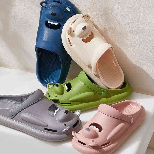 

couple slippers ladies summer wear 2022 new thick-soled cartoon bears stepping on shit feeling beach hole shoes men t220728, Black