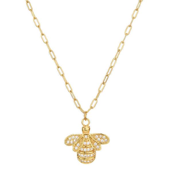

popular bee necklace copper plated real gold micro inlaid zircon drill ins insect style stainls steel chain jewelry, Silver