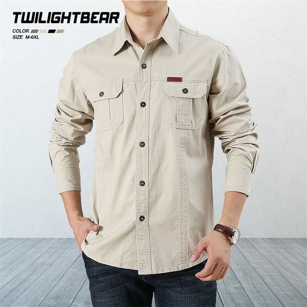 

pure cotton casual shirt men oversize loose long sleeve cargo s men's clothing solid tooling 6xl af1388 220324, White;black