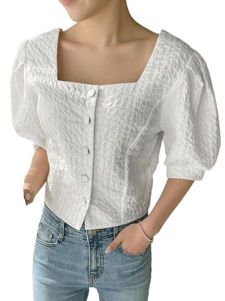 

dazy square neck button up puff sleeve blouse m8gi#, White