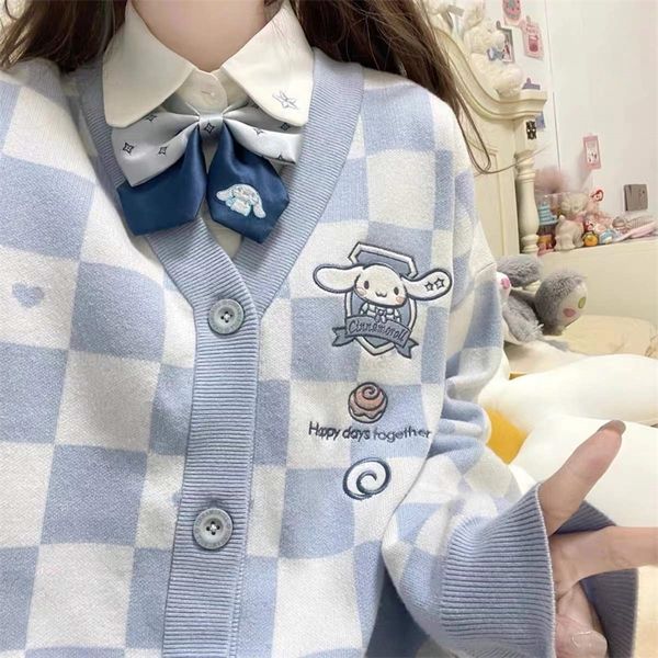 

japanese oversized kawaii cartoon embroidery cardigan women jk uniform checkerboard sweater coat autumn loose y2k knitted 220813, White