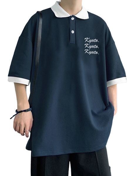 

men letter embroidery contrast collar drop shoulder polo shirt v8nb#, White;black