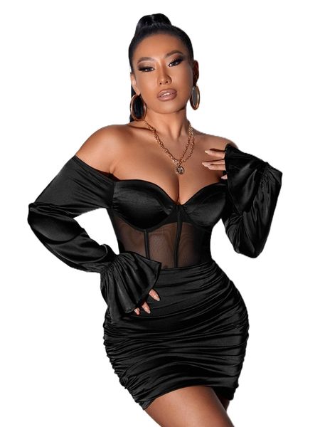 

sxy off shoulder mesh panel bodysuit & ruched bodycon skirt 85yp#, White