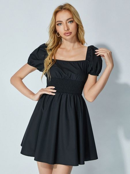 

puff sleeve shirred panel dress q4vk#, Black;gray